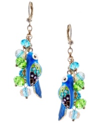Polly want a cracker? Only Betsey Johnson would turn brightly-hued parrots into fashion-forward drop earrings. Crafted in gold-plated mixed metal with crystal accents and blue and green faceted bead clusters on ear wire. Approximate drop: 2-1/2 inches. Polly want a cracker? Only Betsey Johnson would turn brightly-hued parrots into fashion-forward drop earrings. Crafted in gold-plated mixed metal with crystal accents and blue and green faceted bead clusters on ear wire. Approximate drop: 2-1/2 inches.