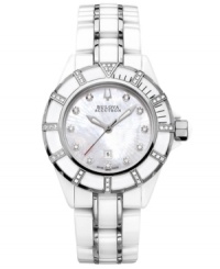 Brilliant shine is the hallmark of this exquisite Mirador collection watch by Bulova Accutron. White ceramic and stainless steel bracelet and round case with curved sapphire crystal. White ceramic rotating bezel embellished with steel and diamond accents. Mother-of-pearl dial features diamond accents at markers, date window at six o'clock, logo at twelve o'clock and three silver tone hands. Swiss quartz movement. Water resistant to 50 meters. Five-year warranty. Brilliant shine is the hallmark of this exquisite Mirador collection watch by Bulova Accutron. White ceramic and stainless steel bracelet and round case with curved sapphire crystal. White ceramic rotating bezel embellished with steel and diamond accents. Mother-of-pearl dial features diamond accents at markers, date window at six o'clock, logo at twelve o'clock and three silver tone hands. Swiss quartz movement. Water resistant to 50 meters. Five-year warranty.