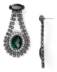 Your look gets an instant hit of Deco drama with this pair of Aqua chain and crystal drop earrings, accented by faceted, colored gemstones. Your look gets an instant hit of Deco drama with this pair of Aqua chain and crystal drop earrings, accented by faceted, colored gemstones.