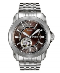 A new dimension of style from Bulova. Watch features a stainless steel bracelet and case with exhibition caseback and screw back oscillator details. Brown patterned dial with logo, silvertone markers, subdial revealing the inner workings and domed mineral crystal. Three-hands. Self-winding mechanical movement. Water resistant to 30 meters. Three-year limited warranty. A new dimension of style from Bulova. Watch features a stainless steel bracelet and case with exhibition caseback and screw back oscillator details. Brown patterned dial with logo, silvertone markers, subdial revealing the inner workings and domed mineral crystal. Three-hands. Self-winding mechanical movement. Water resistant to 30 meters. Three-year limited warranty.