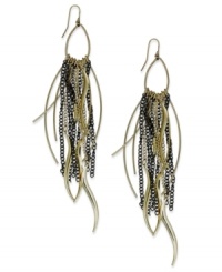 Linear accents of two-tone metal create a captivating earring design from Bar III. Crafted in antiqued gold tone mixed metal. Approximate drop: 4-3/4 inches. Linear accents of two-tone metal create a captivating earring design from Bar III. Crafted in antiqued gold tone mixed metal. Approximate drop: 4-3/4 inches.