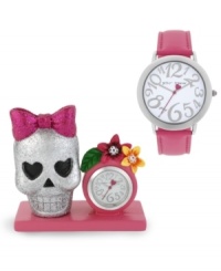 This watch and clock set from Betsey Johnson is so fab it could wake the dead. Includes a leather watch and small clock with a glitter-covered skull and 26mm case. This watch and clock set from Betsey Johnson is so fab it could wake the dead. Includes a leather watch and small clock with a glitter-covered skull and 26mm case.