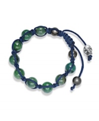 Spiritual-inspired bracelets are all the rage this season! Snap up this hot style from Ali Khan featuring semi-precious green agate beads and a silver tone skull accent on a trendy blue cord. Bracelet adjusts to fit the wrist. Approximate diameter: 2 inches. Approximate length: 12-1/4 inches. Spiritual-inspired bracelets are all the rage this season! Snap up this hot style from Ali Khan featuring semi-precious green agate beads and a silver tone skull accent on a trendy blue cord. Bracelet adjusts to fit the wrist. Approximate diameter: 2 inches. Approximate length: 12-1/4 inches.