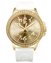 A sparkling ring of accents surrounds a golden case on this Jetsetter watch from Juicy Couture. A sparkling ring of accents surrounds a golden case on this Jetsetter watch from Juicy Couture.