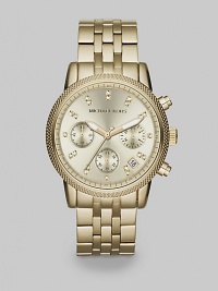 A stunning design in matte goldtone over stainless steel with an elegant granulated bezel and classic link bracelet.Quartz movementWater resistant to 10 ATMGoldtone stainless steel round case, 36mm diameter (1.4)Granulated bezelLight champagne dialCrystal hour markersSecond handThree chronograph sub dialsDate window between 4:00 and 5:00Link braceletImported A stunning design in matte goldtone over stainless steel with an elegant granulated bezel and classic link bracelet.Quartz movementWater resistant to 10 ATMGoldtone stainless steel round case, 36mm diameter (1.4)Granulated bezelLight champagne dialCrystal hour markersSecond handThree chronograph sub dialsDate window between 4:00 and 5:00Link braceletImported