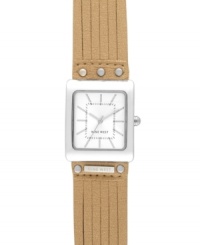 Natural tones bring soothing appeal with this Nine West watch. Crafted of brown cut leather strap with stud detail and square silver tone mixed metal case. White dial features silver tone stick indices, minute track, hour and minute hands, sweeping second hand and logo at six o'clock. Quartz movement. Limited lifetime warranty. Natural tones bring soothing appeal with this Nine West watch. Crafted of brown cut leather strap with stud detail and square silver tone mixed metal case. White dial features silver tone stick indices, minute track, hour and minute hands, sweeping second hand and logo at six o'clock. Quartz movement. Limited lifetime warranty.