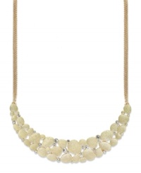 Sparkling accents lend a soothing appearance to Charter Club's frontal necklace. A pebbled silhouette finishes off the look. Crafted in gold tone mixed metal. Approximate length: 14 inches + 3-inch extender. Approximate drop: 2-1/2 inches. Approximate width: 5 inches. Sparkling accents lend a soothing appearance to Charter Club's frontal necklace. A pebbled silhouette finishes off the look. Crafted in gold tone mixed metal. Approximate length: 14 inches + 3-inch extender. Approximate drop: 2-1/2 inches. Approximate width: 5 inches.
