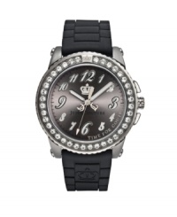 Even nice girls have a dark side. Pedigree watch by Juicy Couture crafted of black synthetic jelly strap and round stainless steel case. Bezel crystallized with Swarovski elements. Gunmetal sunray dial features applied numerals, black minute track, three hands and crown logo. Quartz movement. Water resistant to 30 meters. Two-year limited warranty. Even nice girls have a dark side. Pedigree watch by Juicy Couture crafted of black synthetic jelly strap and round stainless steel case. Bezel crystallized with Swarovski elements. Gunmetal sunray dial features applied numerals, black minute track, three hands and crown logo. Quartz movement. Water resistant to 30 meters. Two-year limited warranty.