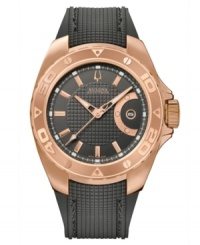 Complement your style with this smart Curacao collection watch by Bulova Accutron. Black textured rubber strap and round rose-gold ion-plated stainless steel case with rotating bezel and anti-reflective sapphire crystal. Black grid-patterned dial features rose-gold tone stick indices, minute track, date window at three o'clock, luminous hands and logo. Swiss mechanical Sellita movement. Water resistant to 300 meters. Five-year limited warranty. Complement your style with this smart Curacao collection watch by Bulova Accutron. Black textured rubber strap and round rose-gold ion-plated stainless steel case with rotating bezel and anti-reflective sapphire crystal. Black grid-patterned dial features rose-gold tone stick indices, minute track, date window at three o'clock, luminous hands and logo. Swiss mechanical Sellita movement. Water resistant to 300 meters. Five-year limited warranty.