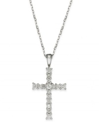 Slim and resplendent, this beautiful cross pendant features round-cut diamonds (1/4 ct. t.w.) set in 14k white gold. Approximate length: 16 inches. Approximate drop: 1 inch. Slim and resplendent, this beautiful cross pendant features round-cut diamonds (1/4 ct. t.w.) set in 14k white gold. Approximate length: 16 inches. Approximate drop: 1 inch.