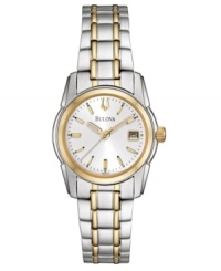 Harmonious style by Bulova. This watch features a goldtone and silvertone stainless steel bracelet and round case. White sunray dial with goldtone stick indices, logo and date window. Quartz movement. Water resistant to 30 meters. Three-year limited warranty. Harmonious style by Bulova. This watch features a goldtone and silvertone stainless steel bracelet and round case. White sunray dial with goldtone stick indices, logo and date window. Quartz movement. Water resistant to 30 meters. Three-year limited warranty.