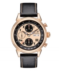 Timeless design and contemporary details blend seamlessly on this Gemini collection watch by Bulova Accutron. Black leather strap with contrast stitching and round rose-gold tone stainless steel case with clear back and curve sapphire crystal. Black dial with inner rose-gold tone dial features tachymeter scale, black Roman numerals at markers, minute track, day and date window at three o'clock, three subdials, luminous hands and logo. Swiss mechanical movement. Water resistant to 50 meters. Five-year limited warranty. Timeless design and contemporary details blend seamlessly on this Gemini collection watch by Bulova Accutron. Black leather strap with contrast stitching and round rose-gold tone stainless steel case with clear back and curve sapphire crystal. Black dial with inner rose-gold tone dial features tachymeter scale, black Roman numerals at markers, minute track, day and date window at three o'clock, three subdials, luminous hands and logo. Swiss mechanical movement. Water resistant to 50 meters. Five-year limited warranty.