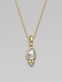 A luminescent blue moonstone in a beautiful teardrop shape with a pavé diamond bale and three dazzling diamonds set in radiant 18k gold. Blue moonstoneDiamonds, .135 tcw18k goldSize, about ½Diamond accented 18k gold baleMade in ItalyPlease note: Necklace sold separately. A luminescent blue moonstone in a beautiful teardrop shape with a pavé diamond bale and three dazzling diamonds set in radiant 18k gold. Blue moonstoneDiamonds, .135 tcw18k goldSize, about ½Diamond accented 18k gold baleMade in ItalyPlease note: Necklace sold separately.
