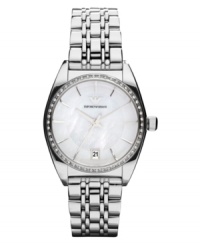 A ring of crystal accents surround a luminous mother-of-pearl dial on this stunning Emporio Armani watch. A ring of crystal accents surround a luminous mother-of-pearl dial on this stunning Emporio Armani watch.