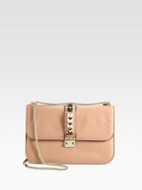 An elegant and radiant style with shiny pyramid stud accents on luxuriously smooth leather.Adjustable chain shoulder strap, 12½ or 20½ dropPush-lock flap closureOne inside zip pocketOne inside open pocketCotton lining11¾W X 7½H X 4DMade in Italy An elegant and radiant style with shiny pyramid stud accents on luxuriously smooth leather.Adjustable chain shoulder strap, 12½ or 20½ dropPush-lock flap closureOne inside zip pocketOne inside open pocketCotton lining11¾W X 7½H X 4DMade in Italy