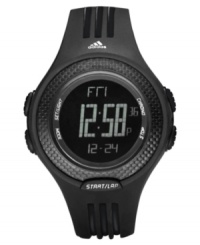 Gear up for sporty style. This Response Galaxy watch by adidas features a black polyurethane strap and round polycarbonate case. Negative display digital dial with chronograph, 50-lap memory, shadow race mode, timer and alarms. Quartz movement. Water resistant to 100 meters. Two-year limited warranty. Gear up for sporty style. This Response Galaxy watch by adidas features a black polyurethane strap and round polycarbonate case. Negative display digital dial with chronograph, 50-lap memory, shadow race mode, timer and alarms. Quartz movement. Water resistant to 100 meters. Two-year limited warranty.