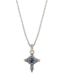 Symbolic style with a hint of color. Vatican pendant features an intricate cross decorated with round-cut clear crystals and a square-cut blue crystal center. Setting and chain crafted in silver tone mixed metal. Approximate length: 16 inches + 3-inch extender. Approximate drop: 1-1/4 inches. Symbolic style with a hint of color. Vatican pendant features an intricate cross decorated with round-cut clear crystals and a square-cut blue crystal center. Setting and chain crafted in silver tone mixed metal. Approximate length: 16 inches + 3-inch extender. Approximate drop: 1-1/4 inches.