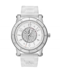 Ice queen. Claim your title with this HRH watch by Juicy Couture. White silicone bracelet and round stainless steel case with logo-etched bezel. White dial with inner dial crystallized by Swarovski elements features silver tone Roman numerals, minute track, luminous hands, iconic crown logo and pink accents. Quartz movement. Water resistant to 30 meters. Two-year limited warranty. Ice queen. Claim your title with this HRH watch by Juicy Couture. White silicone bracelet and round stainless steel case with logo-etched bezel. White dial with inner dial crystallized by Swarovski elements features silver tone Roman numerals, minute track, luminous hands, iconic crown logo and pink accents. Quartz movement. Water resistant to 30 meters. Two-year limited warranty.