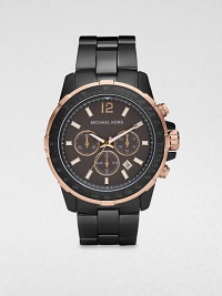 Warm rose gold accents add style and definition to this three-eye chronograph timepiece, constructed from stainless steel with a stainless steel link bracelet for long-lasting comfort and wearability.Chronograph movementRound bezelWater resistant to 10ATMDate display at 4 o'clockSecond handStainless steel case: 45mm(1.77)Stainless steel braceletImported Warm rose gold accents add style and definition to this three-eye chronograph timepiece, constructed from stainless steel with a stainless steel link bracelet for long-lasting comfort and wearability.Chronograph movementRound bezelWater resistant to 10ATMDate display at 4 o'clockSecond handStainless steel case: 45mm(1.77)Stainless steel braceletImported