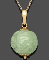 Subtle and symbolic. A simple jade bead (11-12 mm) creates a stunning visual with an intricate dragon carved into the surface. Set in 14k gold. Approximate length: 18 inches. Approximate drop: 1 inch. Subtle and symbolic. A simple jade bead (11-12 mm) creates a stunning visual with an intricate dragon carved into the surface. Set in 14k gold. Approximate length: 18 inches. Approximate drop: 1 inch.