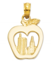 A central silhouette of the New York City skyline is nestled inside an apple, channeling the thought that this Big Apple is yours for the taking. Crafted of 14k gold. Chain not included. Approximate drop: 7/10 inch. Approximate width: 1/2 inch. A central silhouette of the New York City skyline is nestled inside an apple, channeling the thought that this Big Apple is yours for the taking. Crafted of 14k gold. Chain not included. Approximate drop: 7/10 inch. Approximate width: 1/2 inch.