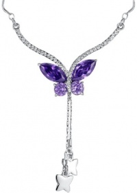 Rhinestones Studded Crystal Butterfly Whimsy Necklace W. Dangling Silver Stars Amethyst Purple - 2017801 Rhinestones Studded Crystal Butterfly Whimsy Necklace W. Dangling Silver Stars Amethyst Purple - 2017801