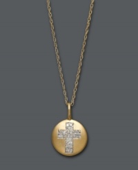 A bold, new way to express your faith. This unique pendant features a circular disc that highlights round-cut diamonds (1/10 ct. t.w.) in the shape of a cross. Pendant and chain crafted in 14k gold. Approximate length: 18 inches. Approximate drop: 1/2 inch. A bold, new way to express your faith. This unique pendant features a circular disc that highlights round-cut diamonds (1/10 ct. t.w.) in the shape of a cross. Pendant and chain crafted in 14k gold. Approximate length: 18 inches. Approximate drop: 1/2 inch.