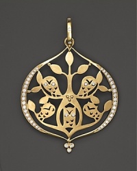 Watchful owls are intricately cutout in 18K gold on this diamond detailed Temple St. Clair pendant. Watchful owls are intricately cutout in 18K gold on this diamond detailed Temple St. Clair pendant.