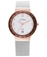 Durable mesh and faceted glass add both style and toughness to this Skagen Denmark watch. Durable mesh and faceted glass add both style and toughness to this Skagen Denmark watch.
