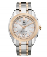 Rose goldtone accents lend an elegant air to this Precisionist collection watch by Bulova. Stainless steel and rose goldtone round case and bracelet. Rose goldtone bezel contrasts beautifully. Sunray-patterned silvertone dials features rose goldtone stick indices and hands, logo and date window at six o'clock. Continuously sweeping second hand guarantees accuracy to ten seconds a year. Quartz movement. Water resistant to 30 meters. Three-year limited warranty. Rose goldtone accents lend an elegant air to this Precisionist collection watch by Bulova. Stainless steel and rose goldtone round case and bracelet. Rose goldtone bezel contrasts beautifully. Sunray-patterned silvertone dials features rose goldtone stick indices and hands, logo and date window at six o'clock. Continuously sweeping second hand guarantees accuracy to ten seconds a year. Quartz movement. Water resistant to 30 meters. Three-year limited warranty.
