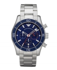 A vivid blue and red face transforms this classic Emporio Armani watch into a style statement. Stainless steel bracelet and round case with blue bezel. Blue chronograph dial features applied stick indices, minute track, date window at six o'clock, three subdials, luminous hour and minute hands, red second hand and logo. Quartz movement. Water resistant to 50 meters. Two-year limited warranty. A vivid blue and red face transforms this classic Emporio Armani watch into a style statement. Stainless steel bracelet and round case with blue bezel. Blue chronograph dial features applied stick indices, minute track, date window at six o'clock, three subdials, luminous hour and minute hands, red second hand and logo. Quartz movement. Water resistant to 50 meters. Two-year limited warranty.