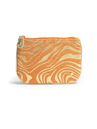 THE LOOKZebra-inspired metallic swirls on canvasRectangular silhouetteTop zip closure with studded leather pullSignature goldtone S studInside logo printTHE MEASUREMENT7W X 5H X ¼DTHE MATERIALCanvasFully linedORIGINImported THE LOOKZebra-inspired metallic swirls on canvasRectangular silhouetteTop zip closure with studded leather pullSignature goldtone S studInside logo printTHE MEASUREMENT7W X 5H X ¼DTHE MATERIALCanvasFully linedORIGINImported