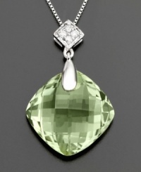 Lovely for any age, this necklace features a gorgeous cushion-cut green quartz (10-1/8 ct. t.w.) pendant topped with glittering diamond accents. Crafted in 14k white gold. Approximate length: 18 inches. Approximate drop: 1 inch. Lovely for any age, this necklace features a gorgeous cushion-cut green quartz (10-1/8 ct. t.w.) pendant topped with glittering diamond accents. Crafted in 14k white gold. Approximate length: 18 inches. Approximate drop: 1 inch.