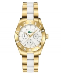 Mixed media: Goldtone and white ceramic distinguish the Lacose Barritz watch. Round goldtone mixed metal case and bracelet with white ceramic links. White dial features Lacoste alligator logo, crystal markers, stick indices, goldtone hands and three subdials for day, date and 24-hour functions. Quartz movement. Water resistant to 30 meters. Two-year limited warranty. Mixed media: Goldtone and white ceramic distinguish the Lacose Barritz watch. Round goldtone mixed metal case and bracelet with white ceramic links. White dial features Lacoste alligator logo, crystal markers, stick indices, goldtone hands and three subdials for day, date and 24-hour functions. Quartz movement. Water resistant to 30 meters. Two-year limited warranty.