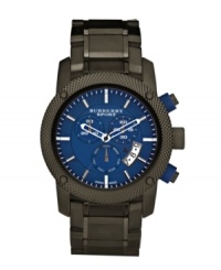 This Burberry timepiece features a gray ion-plated stainless steel bracelet and round case with knurled bezel. Blue chronograph dial features applied silver tone stick indices, white minute track, date window at four o'clock, three subdials, three hands and logo. Quartz movement. Water resistant to 100 meters. Two-year limited warranty. This Burberry timepiece features a gray ion-plated stainless steel bracelet and round case with knurled bezel. Blue chronograph dial features applied silver tone stick indices, white minute track, date window at four o'clock, three subdials, three hands and logo. Quartz movement. Water resistant to 100 meters. Two-year limited warranty.