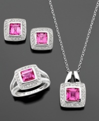 Enchanting and romantic, this pendant, ring and earrings set is perfect for a special occasion. Featuring princess-cut pink topaz (6-3/4 ct. t.w.) and round-cut diamond accents set in sterling silver. Pendant measures approximately 18 inches with a 1-inch drop. Ring is size 7. Enchanting and romantic, this pendant, ring and earrings set is perfect for a special occasion. Featuring princess-cut pink topaz (6-3/4 ct. t.w.) and round-cut diamond accents set in sterling silver. Pendant measures approximately 18 inches with a 1-inch drop. Ring is size 7.