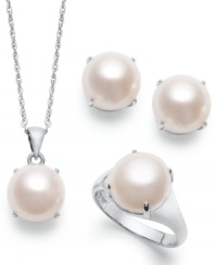 Classic elegance. This sophisticated jewelry set highlights cultured freshwater pearls (11-11-1/2 mm) in a smooth sterling silver setting. Approximate length (pendant): 18 inches. Approximate drop (pendant): 3/4 inch. Approximate earring diameter: 1/2 inch. Ring Size 7. Classic elegance. This sophisticated jewelry set highlights cultured freshwater pearls (11-11-1/2 mm) in a smooth sterling silver setting. Approximate length (pendant): 18 inches. Approximate drop (pendant): 3/4 inch. Approximate earring diameter: 1/2 inch. Ring Size 7.