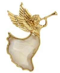 Heavenly fashion. This angel box pin from Jones New York glistens with plastic stones. Crafted in gold tone mixed metal. Approximate length: 1-1/4 inches. Includes gift box. Heavenly fashion. This angel box pin from Jones New York glistens with plastic stones. Crafted in gold tone mixed metal. Approximate length: 1-1/4 inches. Includes gift box.