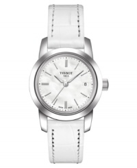 A watch with dream-like beauty by Tissot. White croc-embossed leather strap and round stainless steel case. White mother-of-pearl dial with silvertone stick indices, logo and date window. Swiss made. Quartz movement. Water resistant to 30 meters. Two-year limited warranty. A watch with dream-like beauty by Tissot. White croc-embossed leather strap and round stainless steel case. White mother-of-pearl dial with silvertone stick indices, logo and date window. Swiss made. Quartz movement. Water resistant to 30 meters. Two-year limited warranty.