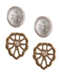 Open to new ideas? This earring set from Lucky Brand features an openwork pair that's crafted from gold-tone mixed metal, and another crafted from silver-tone mixed metal. Items come packaged in a signature Lucky Brand Box. Approximate drop: 1/2 inch. Open to new ideas? This earring set from Lucky Brand features an openwork pair that's crafted from gold-tone mixed metal, and another crafted from silver-tone mixed metal. Items come packaged in a signature Lucky Brand Box. Approximate drop: 1/2 inch.