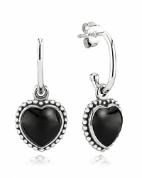 Polished onyx hearts add romance and a touch of mystery to sterling silver open hoop earrings from PANDORA. Polished onyx hearts add romance and a touch of mystery to sterling silver open hoop earrings from PANDORA.