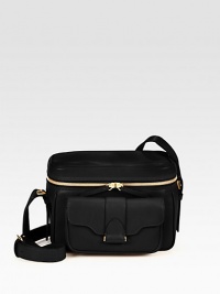 Luxurious leather and goldtone hardware create the perfect protection for your photographic tech.Adjustable shoulder strap, 19-21 dropTop zip closureProtective metal feetOne outside flap pocketTwo inside open pocketsSatin lining8¾W X 6¾H X 4¼DMade in Italy Luxurious leather and goldtone hardware create the perfect protection for your photographic tech.Adjustable shoulder strap, 19-21 dropTop zip closureProtective metal feetOne outside flap pocketTwo inside open pocketsSatin lining8¾W X 6¾H X 4¼DMade in Italy