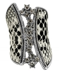 Set the mood with this GUESS stretch ring, featuring black and white python print and glass stone accents. Set in imitation rhodium-plated mixed metal. Ring stretches to fit finger. Set the mood with this GUESS stretch ring, featuring black and white python print and glass stone accents. Set in imitation rhodium-plated mixed metal. Ring stretches to fit finger.