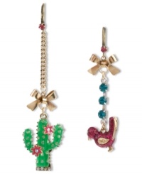 Get lost in the desert. Betsey Johnson's linear earrings feature a mismatched design with an sharp-looking cactus and a colorful bird. Crafted from gold tone mixed metal with sparkling crystal accents, crystal cup chain and gold tone bows. Approximate drop (cactus): 3-1/4 inches. Approximate drop (bird): 2-3/8 inches. Get lost in the desert. Betsey Johnson's linear earrings feature a mismatched design with an sharp-looking cactus and a colorful bird. Crafted from gold tone mixed metal with sparkling crystal accents, crystal cup chain and gold tone bows. Approximate drop (cactus): 3-1/4 inches. Approximate drop (bird): 2-3/8 inches.