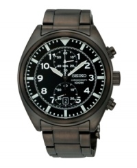 Black ion-plated stainless steel bracelet and round case, 43mm. Black chronograph dial features white numerals and stick indices, luminous hands, date window at six o'clock, subdials that measure split and accumulated elapsed time and logo. Quartz movement. Water resistant to 100 meters. Three-year limited warranty. Black ion-plated stainless steel bracelet and round case, 43mm. Black chronograph dial features white numerals and stick indices, luminous hands, date window at six o'clock, subdials that measure split and accumulated elapsed time and logo. Quartz movement. Water resistant to 100 meters. Three-year limited warranty.