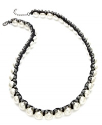 A polished look with added edge, by Bar III. Strands of plastic pearls are embellished with chiffon and crystal sparkle. Crafted in hematite tone mixed metal. Approximate length: 23 inches + 2-inch extender. A polished look with added edge, by Bar III. Strands of plastic pearls are embellished with chiffon and crystal sparkle. Crafted in hematite tone mixed metal. Approximate length: 23 inches + 2-inch extender.
