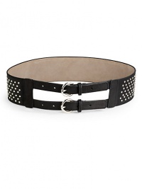 THE LOOKSilvery stud accentsAdjustable double buckle strapsTHE MEASUREMENTBelt, about 2¼ wideTHE MATERIALLeatherCARE & ORIGINMade in Italy THE LOOKSilvery stud accentsAdjustable double buckle strapsTHE MEASUREMENTBelt, about 2¼ wideTHE MATERIALLeatherCARE & ORIGINMade in Italy