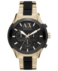A gold-plated steel timepiece upgraded with sporty silicone, by AX Armani Exchange. A gold-plated steel timepiece upgraded with sporty silicone, by AX Armani Exchange.