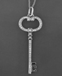 Unlock sparkling fashion with this beautiful key pendant featuring round-cut diamond accents (1/10 ct. t.w.) set in sterling silver. Approximate length: 18 inches. Approximate drop: 2 inches. Unlock sparkling fashion with this beautiful key pendant featuring round-cut diamond accents (1/10 ct. t.w.) set in sterling silver. Approximate length: 18 inches. Approximate drop: 2 inches.