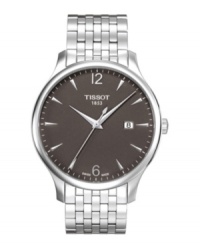 As dependable as it is eye-catching, this Tissot timepiece brings everyday style. Tradition collection watch crafted of stainless steel bracelet and round case. Black dial features silver tone applied stick indices, minute track, date window at three o'clock, numerals at twelve and six o'clock, three hands and logo. Swiss quartz movement. Water resistant to 30 meters. Two-year limited warranty. As dependable as it is eye-catching, this Tissot timepiece brings everyday style. Tradition collection watch crafted of stainless steel bracelet and round case. Black dial features silver tone applied stick indices, minute track, date window at three o'clock, numerals at twelve and six o'clock, three hands and logo. Swiss quartz movement. Water resistant to 30 meters. Two-year limited warranty.
